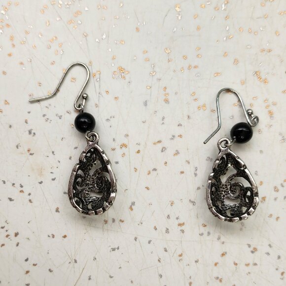 Black and Silver Tone Drop Earrings - Picture 2 of 2